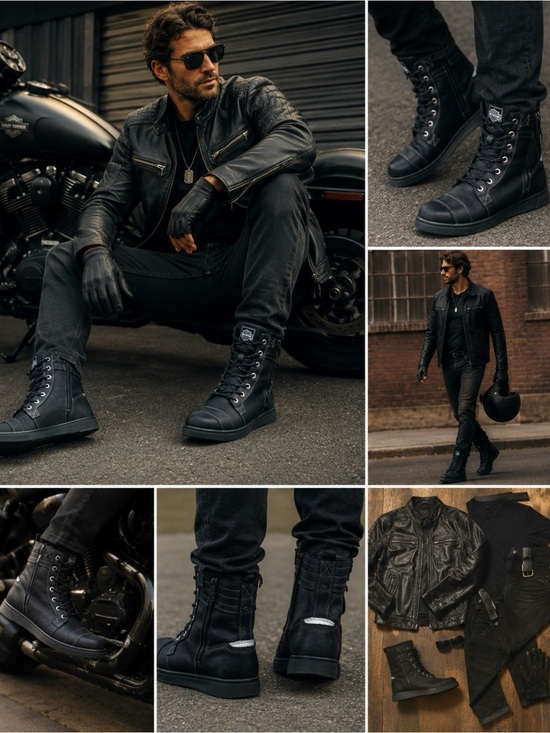 HARLEY DAVIDSON Mens Black Leather Moto Boots